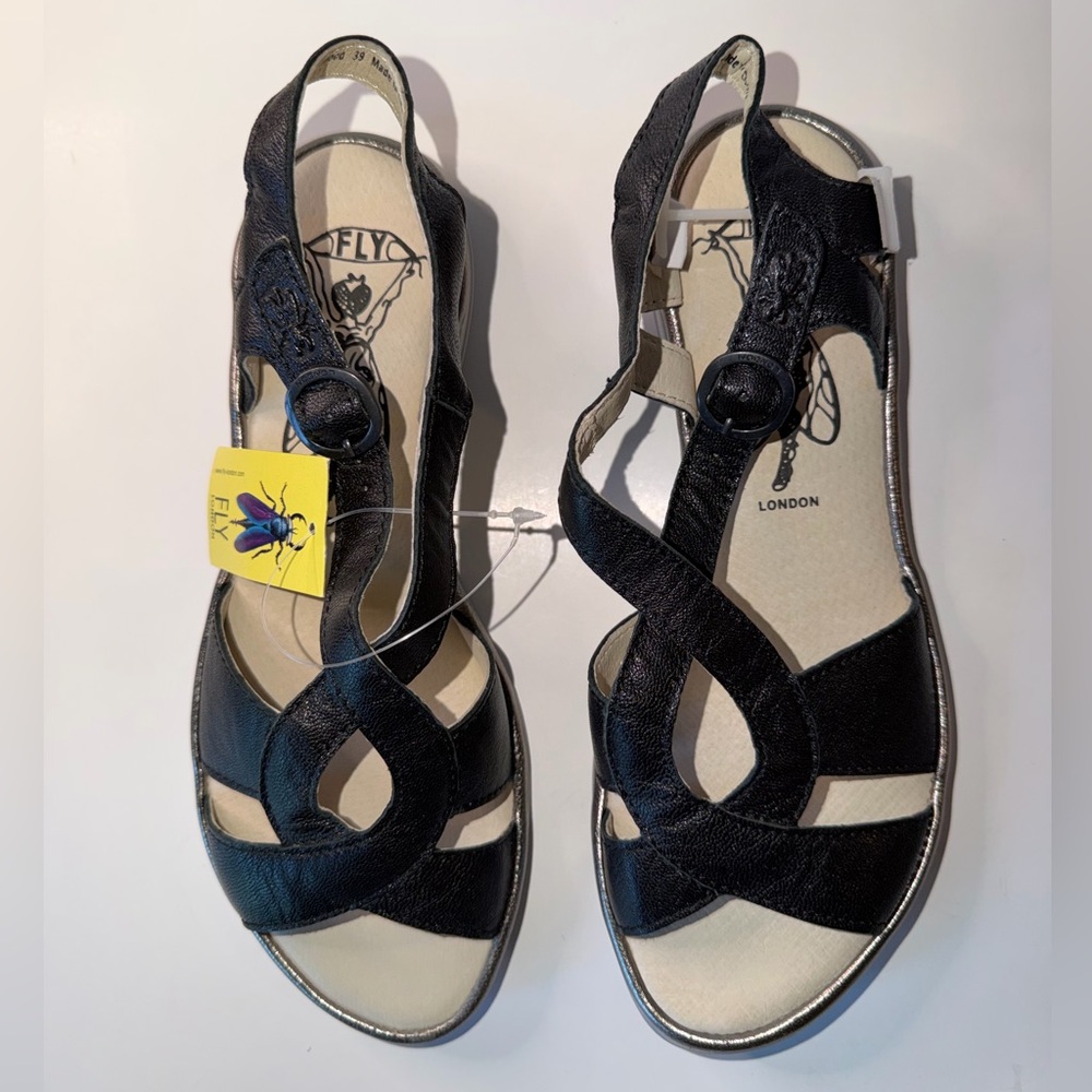 NEW • Fly London • Moose/Idra Black Leather Ankle Strap Sandal, size 39